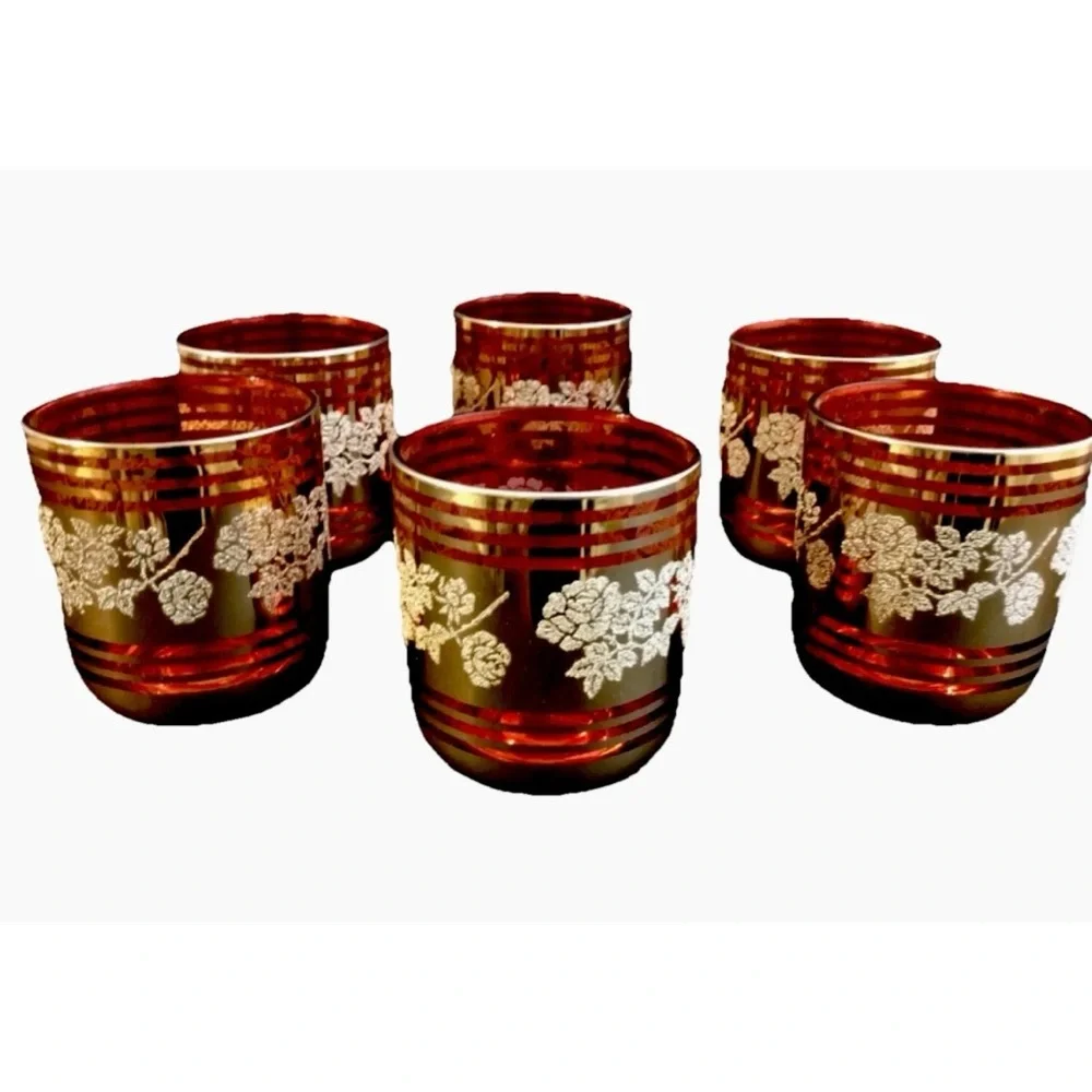 Mid Century Crown Ruby Gold Glitter Embossed 6 oz Tumblers 6 Piece Set Vintage - Picture 1 of 9
